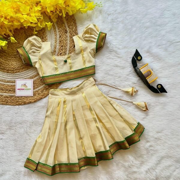 Green Border Kerala Kasavu Cotton Skirt and Top with matching Green Net Duppata - (Pre booking) Onam Special