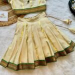 Green Border Kerala Kasavu Cotton Skirt and Top with matching Green Net Duppata - (Pre booking) Onam Special