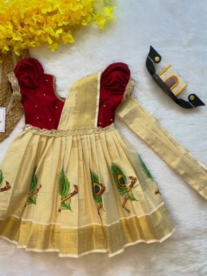 Kerala Kasavu Cotton frock with attached duppata model Pre booking Onam Special