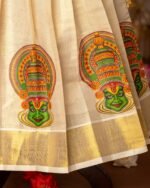 Black Ajrakh Halter Neck Top and Traditional Kathakali Motif Kasavu Skirt - Minmini Onam Collections (Pre booking)