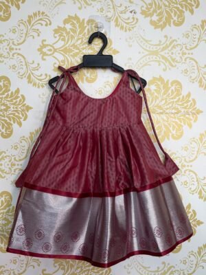 Wine Color Pattu Knot Frock With Silver Zari Border - Midi length (Ready To Dispatch)