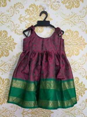 Dark Pink & Green Border Pattu Knot Frock - Midi length (Ready To Dispatch)