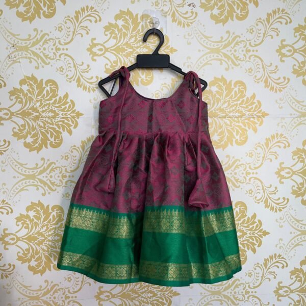 Dark Pink & Green Border Pattu Knot Frock - Midi length (Ready To Dispatch)