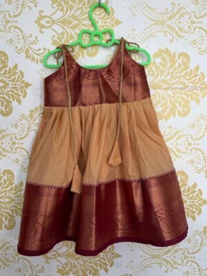 Cream Color Pattu Knot Frock With Maroon Border  - Midi length (Ready To Dispatch)