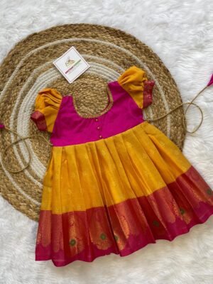 Yellow & Pink Kora Muslin Silk Frock (Ready to Dispatch)