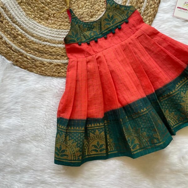 Pure Handloom Sungudi Cotton Frock - Peach & Ramar Green Combo (Ready to Dispatch)