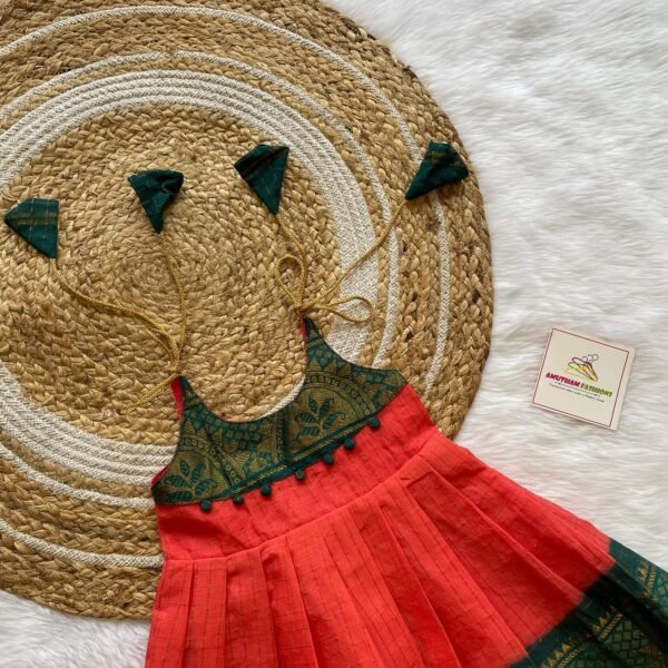 Pure Handloom Sungudi Cotton Frock - Peach & Ramar Green Combo (Ready to Dispatch)