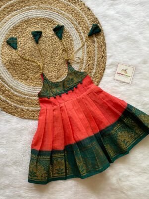 Pure Handloom Sungudi Cotton Frock - Peach & Ramar Green Combo (Ready to Dispatch)