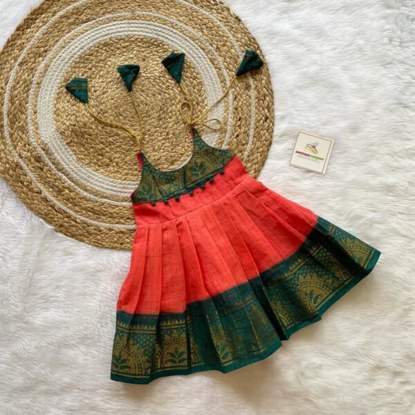 Pure Handloom Sungudi Cotton Frock - Peach & Ramar Green Combo (Ready to Dispatch)