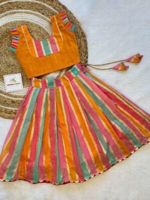 Multi Color Semi Banarasi Skirt & Mustard yellow raw silk top - (Ready to Dispatch)