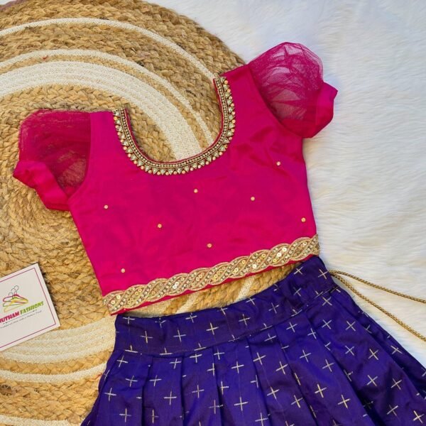 Bluish Voilet Banarasi Skirt(Long Border) & Pink Net Sleeves Silk Top - (Ready To Dispatch)