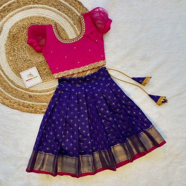 Bluish Voilet Banarasi Skirt(Short Border) & Pink Net Sleeves Silk Top - (Ready to Dispatch)