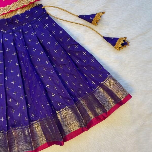 Bluish Voilet Banarasi Skirt(Short Border) & Pink Net Sleeves Silk Top - (Ready to Dispatch)