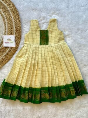 Off White & Bottle Green Color Border Sleeveless Madurai Sungudi cotton frock (Ready to Dispatch)