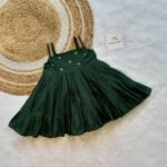 Dark Green Strap Sleeves Frill Silk Frock - Midi Length (Ready to Dispatch)