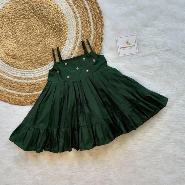 Dark Green Strap Sleeves Frill Silk Frock - Midi Length (Ready to Dispatch)