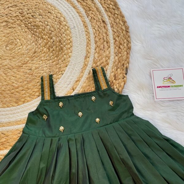 Dark Green Strap Sleeves Frill Silk Frock - Midi Length (Ready to Dispatch)