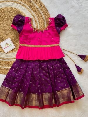 Mulberry Purple Color Short Border Semi Kanchipattu Skirt & Pink Silk Top - (Ready to Dispatch)