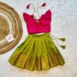 Apple Green Color Banarasi Skirt & Butterfly Sleeves Pink Silk Top  - (Ready to Dispatch)