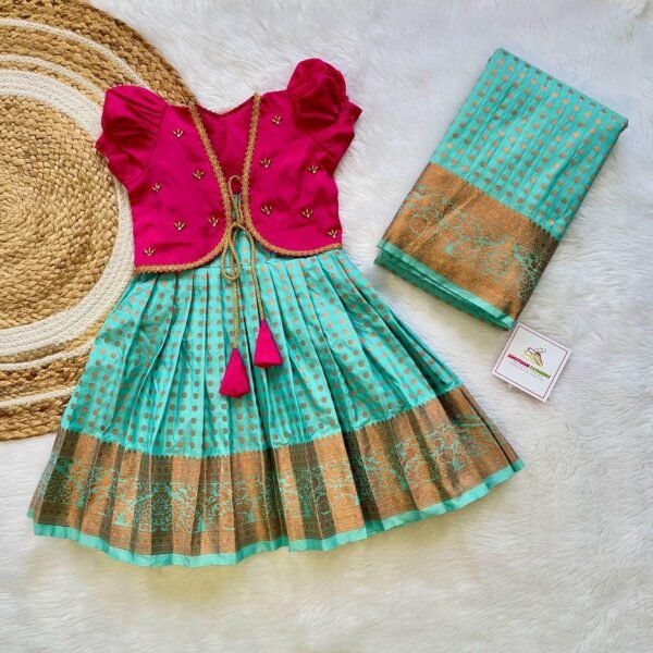 Light Blue 1000 butta semi Kanchipattu Frock with Pink Color Semi Silk Jacket & Matching Mom Saree (Pre Booking)