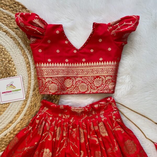Red Color Pure Bananasi Silk Zari Weaving Lehenga Set - (Ready to Dispatch)