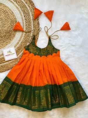 Pure Handloom Sungudi Cotton Frock - Orange & Green Combo (Ready to Dispatch)