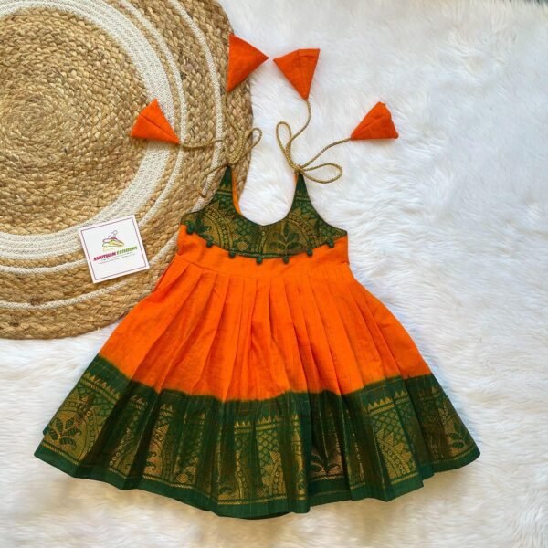 Pure Handloom Sungudi Cotton Frock - Orange & Green Combo (Ready to Dispatch)
