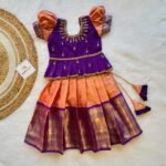 Premium Semi Kanchipattu Grand Aariwork Lehenga Set in Voilet and Peach Combo and Matching Mom Saree (Pre Booking)