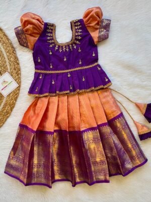 Premium Semi Kanchipattu Grand Aariwork Lehenga Set in Voilet & Peach Combo - (Pre Booking)