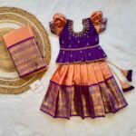 Premium Semi Kanchipattu Grand Aariwork Lehenga Set in Voilet and Peach Combo and Matching Mom Saree (Pre Booking)