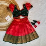 Tomato Red & Dark Green Banarasi Silk Copper Zari Weaving Paavadai & Sattai  - (Ready to Dispatch)