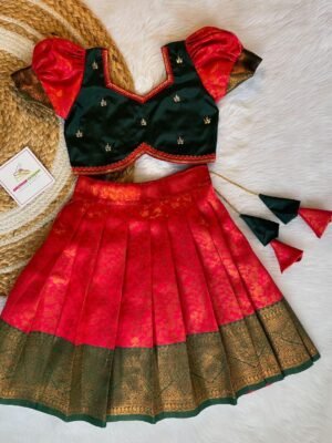 Tomato Red & Dark Green Banarasi Silk Copper Zari Weaving Paavadai & Sattai  - (Ready to Dispatch)