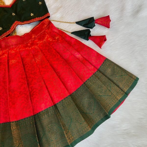 Tomato Red & Dark Green Banarasi Silk Copper Zari Weaving Paavadai & Sattai  - (Ready to Dispatch)