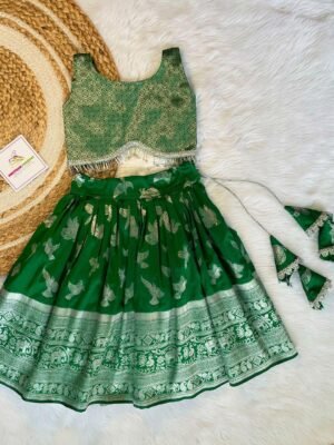 Pure Banarasi Silver Zari Weaving Flying Bird Design Paavadai & Sattai - Forest Green Color - (Pre Booking)