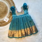 Light Blue checked zari weaving in Short Length Paithani Border Silk Frock (Ready to Dispatch)