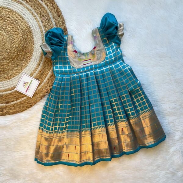 Light Blue checked zari weaving in Short Length Paithani Border Silk Frock (Ready to Dispatch)