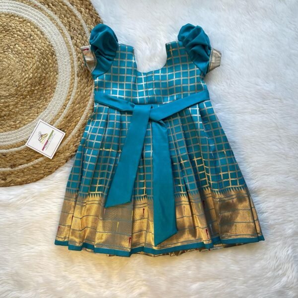 Light Blue checked zari weaving in Short Length Paithani Border Silk Frock (Ready to Dispatch)