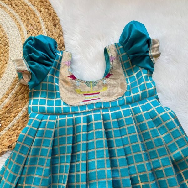 Light Blue checked zari weaving in Short Length Paithani Border Silk Frock (Ready to Dispatch)