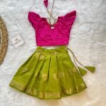 Apple Green Color Short Border Banarasi Skirt & Butterfly Sleeves Pink Silk Top  - (Ready to Dispatch)
