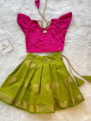 Apple Green Color Short Border Banarasi Skirt & Butterfly Sleeves Pink Silk Top - (Ready to Dispatch)