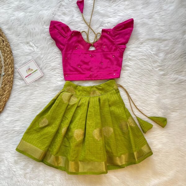 Apple Green Color Short Border Banarasi Skirt & Butterfly Sleeves Pink Silk Top  - (Ready to Dispatch)