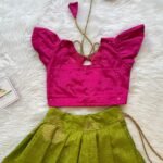 Apple Green Color Short Border Banarasi Skirt & Butterfly Sleeves Pink Silk Top  - (Ready to Dispatch)
