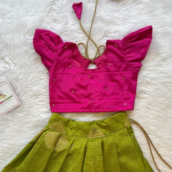 Apple Green Color Short Border Banarasi Skirt & Butterfly Sleeves Pink Silk Top  - (Ready to Dispatch)