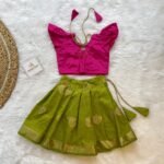 Apple Green Color Short Border Banarasi Skirt & Butterfly Sleeves Pink Silk Top  - (Ready to Dispatch)