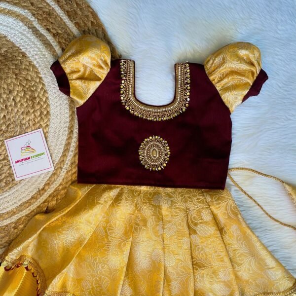 Golden Yellow Semi Kora Banarasi Paavadai & Raw Silk Maroon Grand Aariwork Sattai - (Pre Booking)