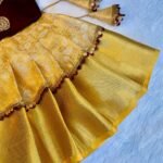 Golden Yellow Semi Kora Banarasi Paavadai & Raw Silk Maroon Grand Aariwork Sattai - (Pre Booking)