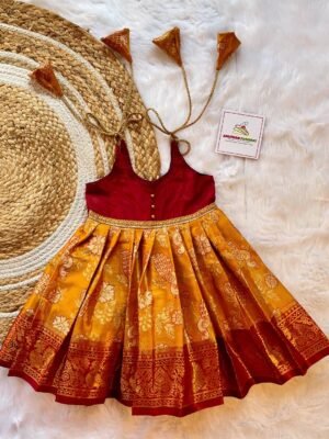 Budget Friendly Golden Yellow & Dark Red Semi Banarasi Silk Frock - Short Border (Ready to Dispatch)