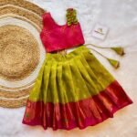 Apple Green Color Kora Banarasi Silk Skirt & Pink Brocade Silk Top - (Ready to Dispatch)