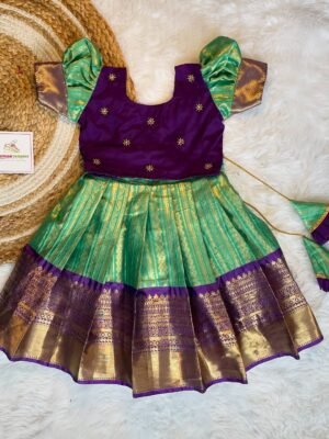 Premium Semi Kanchipattu Long Border Paavadai and Sattai - Pastel Green & Voilet Combo - (Ready to Dispatch)