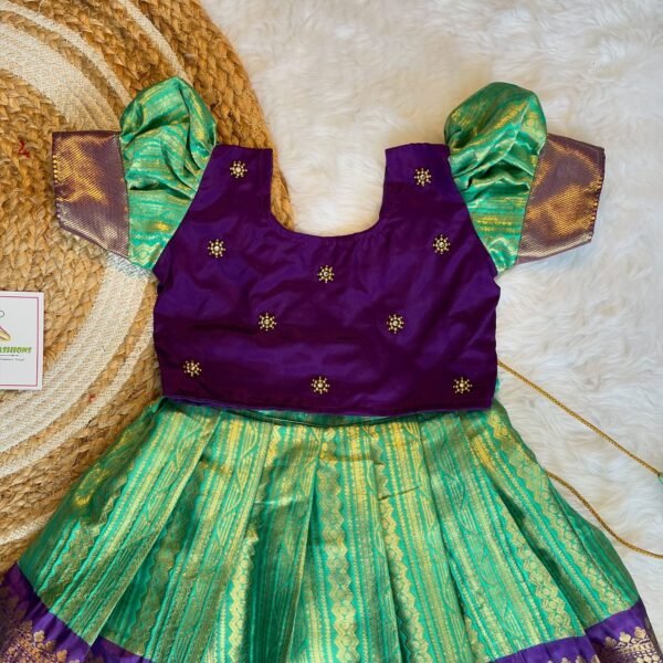 Premium Semi Kanchipattu Long Border Paavadai and Sattai - Pastel Green & Voilet Combo - (Ready to Dispatch)